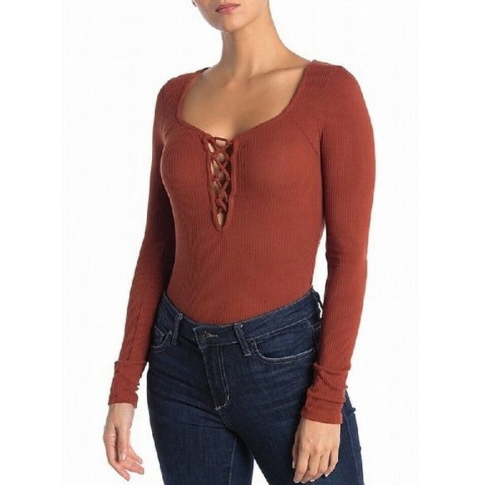 PST Lace-Front Square-Neck Ribbed Bodysuit